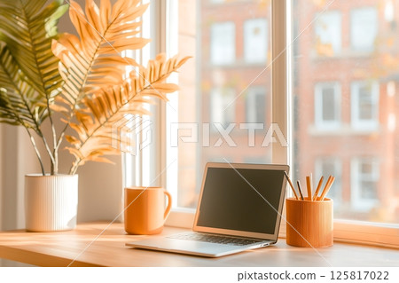 laptop on wooden table in coffee shop laptop on wooden table in coffee shop 125817022