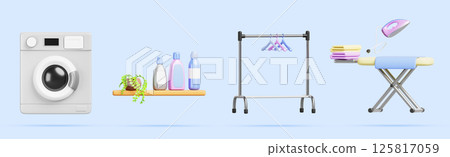 3d laundry room set with washing machine, clean clothes stack on ironing board with iron, empty rack, detergents on shelf. Render household equipment for home or public laundromat. 3D illustration 125817059