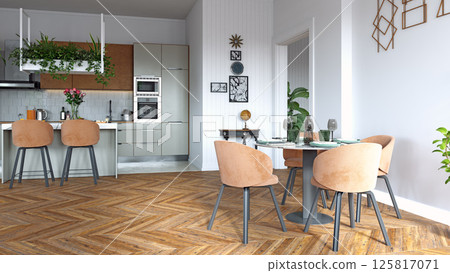 Modern kitchen with hanging plants 125817071