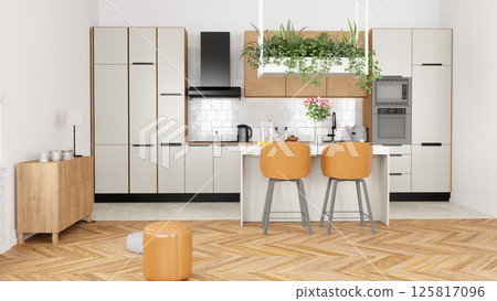 Minimalist kitchen with wood and white tones 125817096