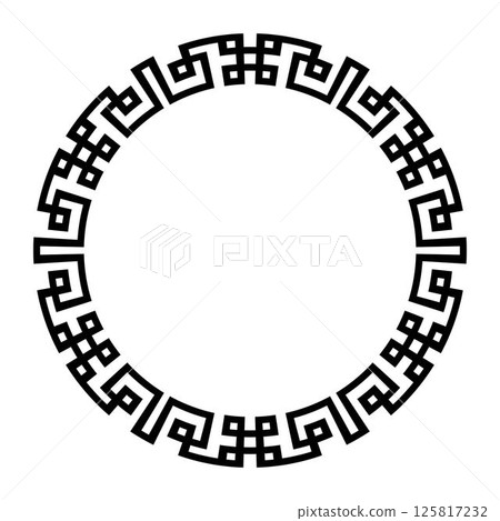 Classic Round frame with Greek motifs. Circle of Roman Empire, Ancient Greece. Oriental round frame with Greek elements. Template for laser cutting, ceramic, textile, embroidery, porcelain. Vector  125817232