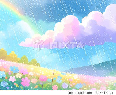 波斯菊田野與藍天彩虹與雲彩的插圖 125817493