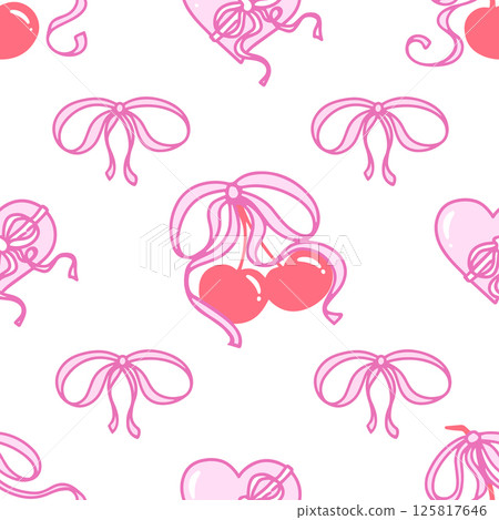 Coquette Cherry with Bows seamless pattern. Cute Red Berries with pastel pink Ribbons and Hearts. Trendy Feminine Romantic art for Wedding, Party decoration, Gift wrapping paper. 125817646