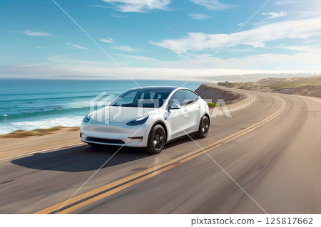 Power source for charging battery of beautiful hybrid electric car on road, abstract vivid composition consists of fictional unreal fantastic vision on background 125817662