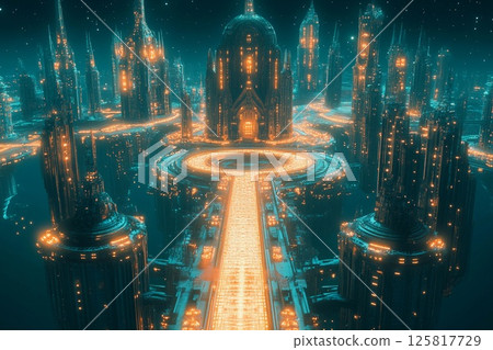 Floating city with geometric design illuminated at dusk above a tranquil landscape 125817729