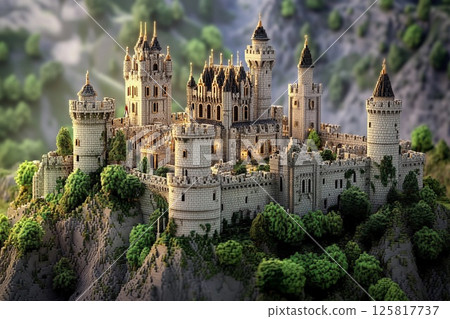 Castle with brightly shining walls stands cheerfully against a backdrop of majestic mountains and clear blue skies 125817737