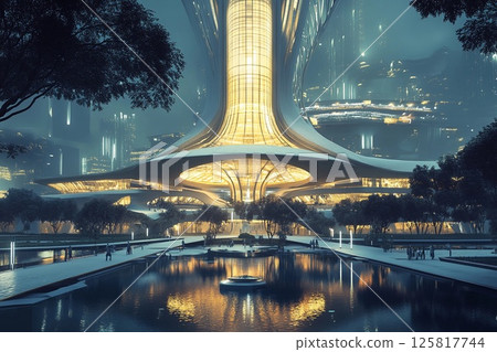 Futuristic university campus designed around glowing architecture and vibrant illumination during twilight hours Futuristic university campus designed around glowing architecture and vibrant illumination during twilight hours 125817744