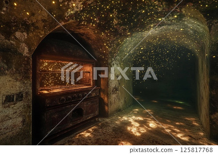 Underwater oven surrounded by magical fireflies illuminating the ancient walls in a mystical setting 125817768