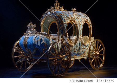 Luxurious ornate Cinderella carriage surrounded by lush greenery in a serene garden setting 125817779