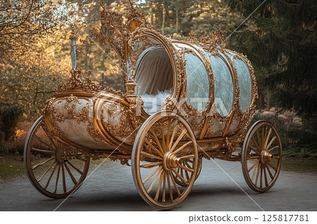 Luxurious ornate Cinderella carriage surrounded by lush greenery in a serene garden setting 125817781