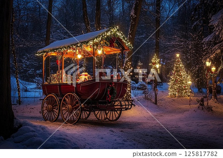 Enchanting Christmas carriage illuminated by festive lights in a snowy forest at night 125817782