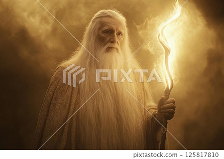 Old magician with long white hair holding a glowing staff in a mystical landscape during twilight hours Old magician with long white hair holding a glowing staff in a mystical landscape during twilight hours 125817810