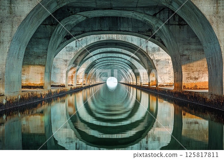 Vaulted bridge structure creates stunning mirror reflection beneath in calm water during early morning light 125817811
