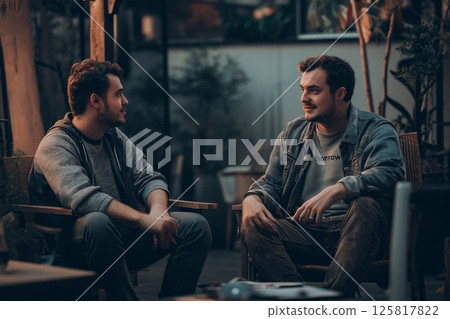 Guy instructs a friend to sit next to him while enjoying snacks and drinks in a bustling urban environment during the evening 125817822
