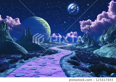 Magical road leads through a cosmic landscape toward distant planets in a starry night sky Magical road leads through a cosmic landscape toward distant planets in a starry night sky 125817843