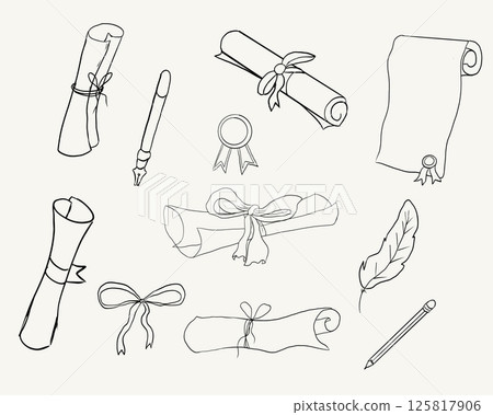 Graduation paper roll, diploma certificate doodle line. University document of graduate and degree hand drawn outline. Graduation hats sketch  125817906