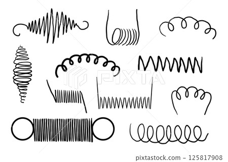 Metal coil spiral bounce metal line hand drawn doodle. Slinky or wire flexible spring. Set curly wavy twisted shape. 125817908