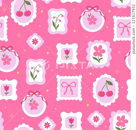 Pink seamless pattern with cherries and flowers in different shapes frames. Vector graphics Pink seamless pattern with cherries and flowers in different shapes frames. Vector graphics 125817932