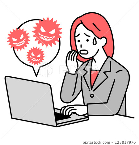 A woman in a suit is troubled by a computer virus infection on her laptop A woman in a suit is troubled by a computer virus infection on her laptop 125817970