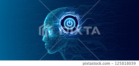 AI human head with circuit with on power button HUD. Vector  125818039