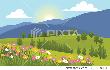 Beautiful Summer Spring Nature Landscape with Mountain Hill View and Blossom Flowers in the Morning Beautiful Summer Spring Nature Landscape with Mountain Hill View and Blossom Flowers in the Morning 125818081