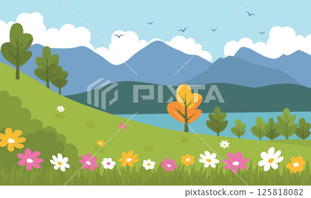 Beautiful Summer Spring Nature Landscape with Mountain Lake River View and Blossom Flowers Beautiful Summer Spring Nature Landscape with Mountain Lake River View and Blossom Flowers 125818082