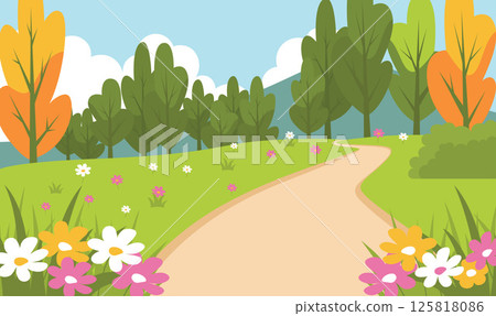 Beautiful Summer Spring Nature Landscape with Winding Road and Blossom Flowers in the Park Beautiful Summer Spring Nature Landscape with Winding Road and Blossom Flowers in the Park 125818086