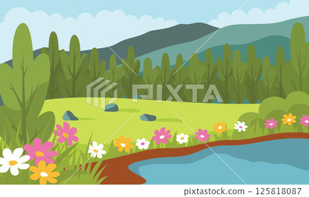 Beautiful Summer Spring Nature Landscape with Hill River View and Blossom Flowers in the Park Beautiful Summer Spring Nature Landscape with Hill River View and Blossom Flowers in the Park 125818087