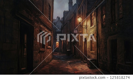 Old European backstreets lit by gas lamps_2 125818274