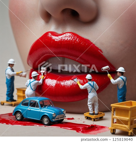 Miniature workers paint glossy red lips with rollers, creating a surreal and artistic makeup concept. 125819040