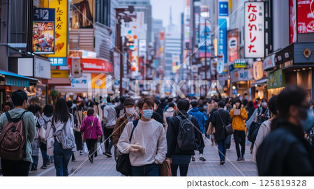 戴著口罩的人們穿過熙熙攘攘的城市步行區 125819328