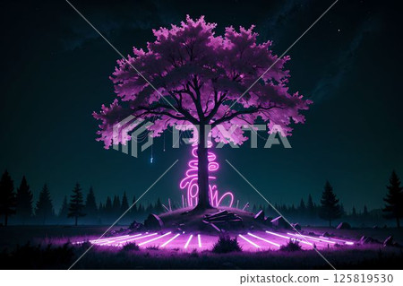 The moon and the silhouette of a tree floating in the dark night 125819530