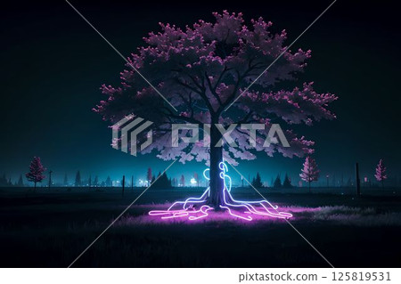 Purple illuminated tree silhouette 125819531