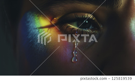 Close up of Tear on Cheek with Subtle Rainbow Lighting Emotional LGBTQ+ Expression on Dark Background, Symbol of Identity and Vulnerability 125819539