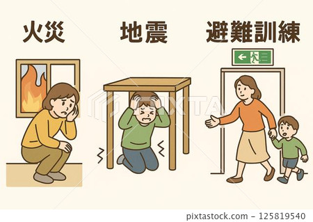 Fire, earthquake, and evacuation drill illustration set (for disaster prevention education) 125819540