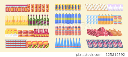 Cartoon Color Different Types Supermarket Food and Drink in Rows Set for Refrigerator and Shelving . Vector illustration 125819592