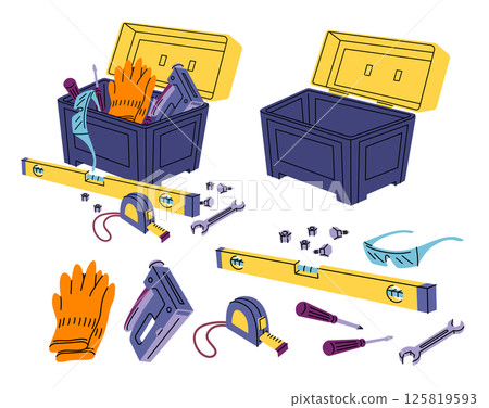 Cartoon Empty and Full Open Construction Toolkit Boxes with Yellow Cover Set Repair Master Implement Tool Box Concept Flat Design Style. Vector illustration 125819593