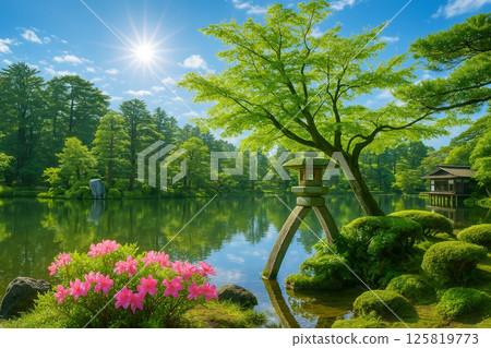 兼六園的嫩葉、新綠、杜鵑花、紀信燈籠以及霞池的倒影 125819773