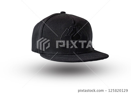 Black snapback cap flat on a white background. 125820129