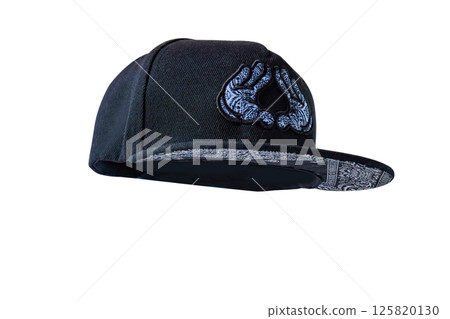 Black snapback cap flat on a white background. 125820130