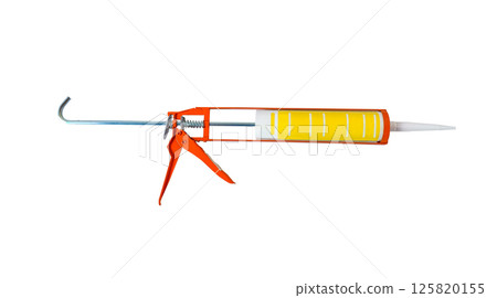 Orange caulking gun with  silicone adhesive on white background. 125820155
