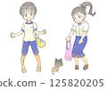 Illustration of two junior high school girls playing with a cat 125820205