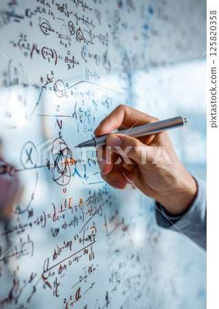 Scientist writing complex equations on virtual transparent screen Scientist writing complex equations on virtual transparent screen 125820358