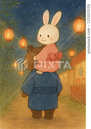 Summer festival illustration of a rabbit riding on a raccoon's back (on the way home) Summer festival illustration of a rabbit riding on a raccoon's back (on the way home) 125820528