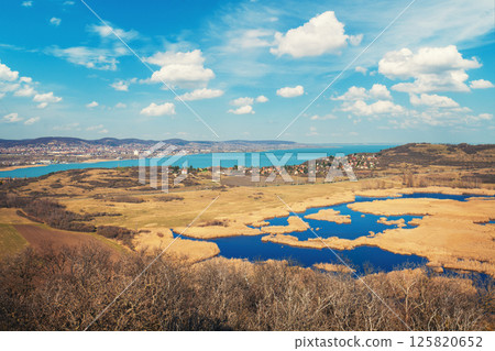 View from above of Tihany peninsula and Balaton lake on a sunny day 125820652