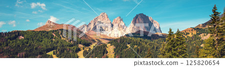 Mountain landscape background. The Dolomites in South Tyrol, Italy, Europe. Horizontal banner 125820654