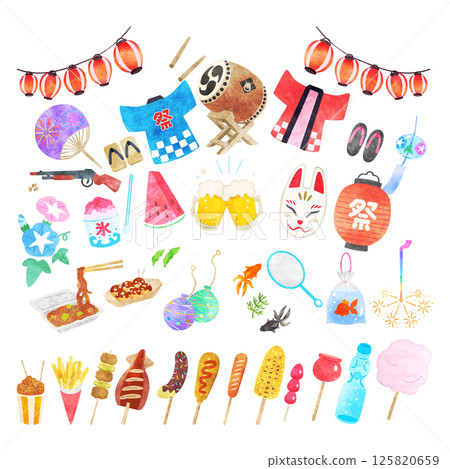 夏日節慶插畫集，手繪水彩風格 125820659