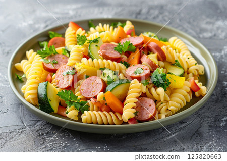 Colorful pasta fusilli with sausage and fresh vegetables served on a plate. 125820663