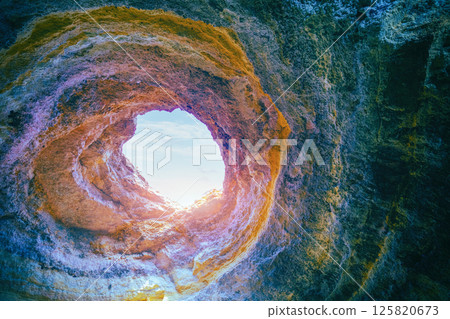 Coastal rocky seascape, hole of Benagil cave in Algarve region in Atlantic ocean, Portugal, Europe Coastal rocky seascape, hole of Benagil cave in Algarve region in Atlantic ocean, Portugal, Europe 125820673