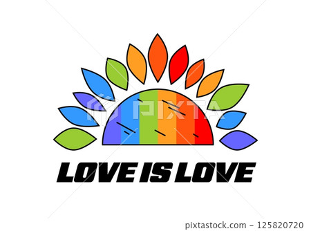 Rainbow flower of Pride LGBTQIA in retro cartoon style. Groovy vector art, symbol of love and friendship, pride June month celebrate, support, freedom, tolerance, equal, gay, lesbian, trans. 125820720